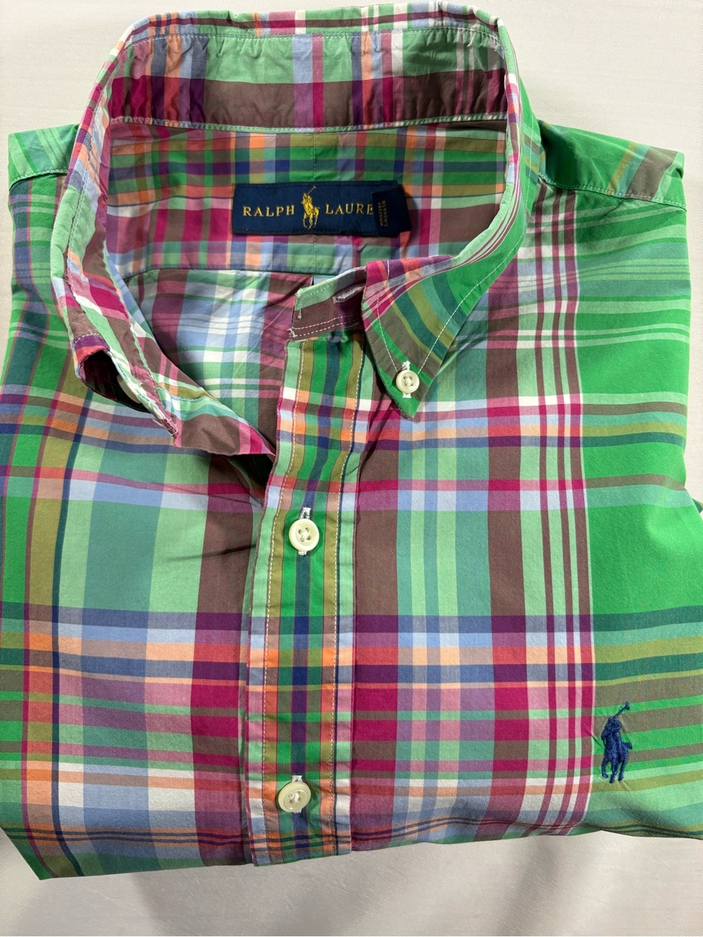 Polo Ralph Lauren Mens Short Sleeve Plaid Button Down Shirt Large Green Pink